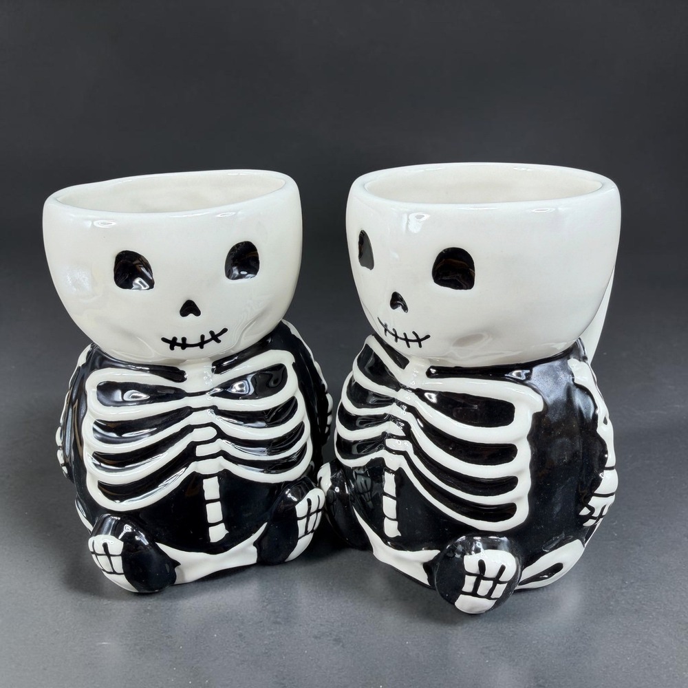 Pottery Barn Skeleton Mugs Set of 2 Black White Ceramic Halloween Coffee Cups